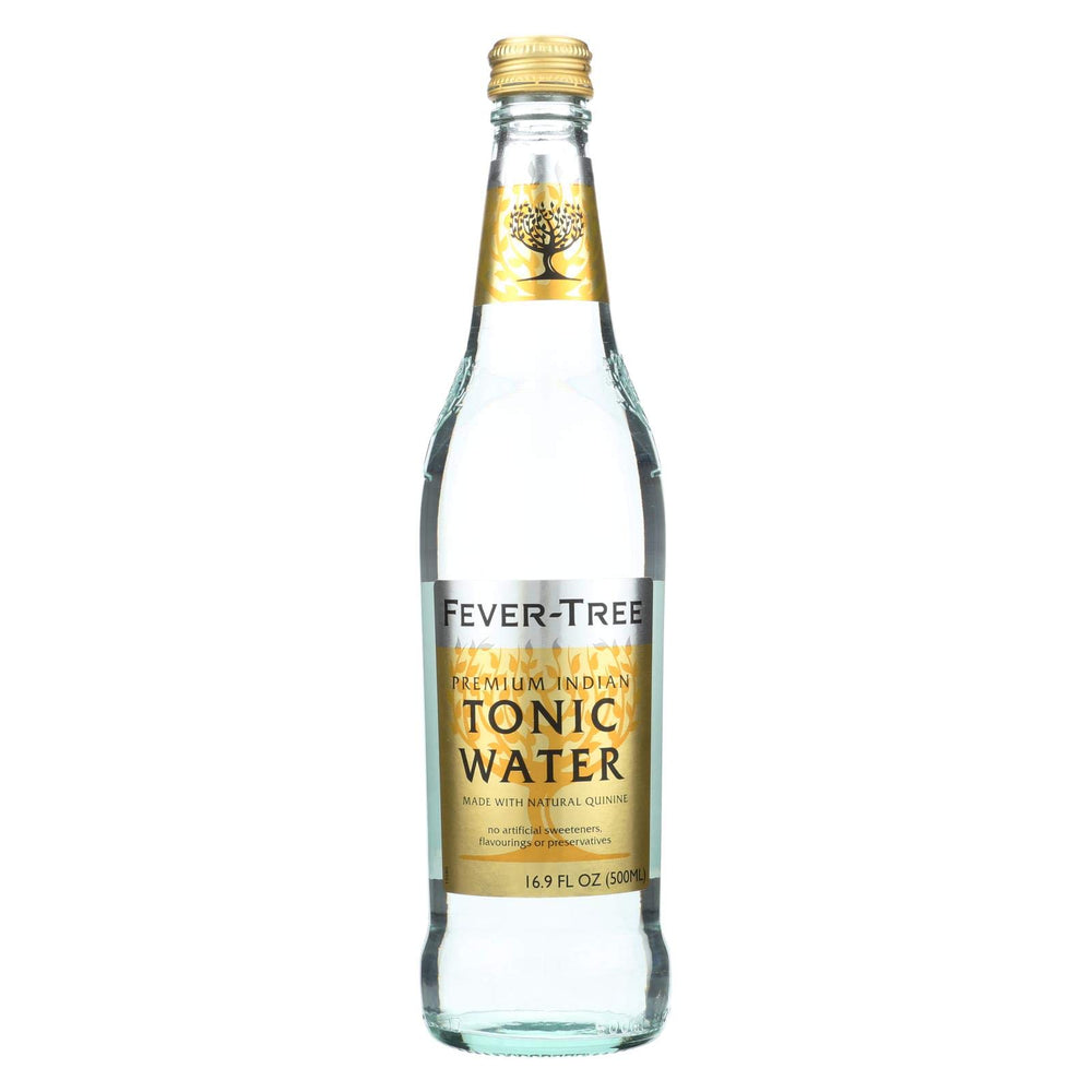 Fever-Tree bottle front view showing label and clean glass, highlights premium mixer quality