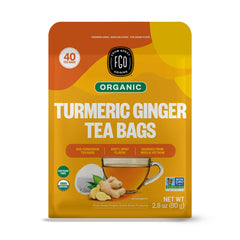 FGO front packaging shows labeled turmeric ginger tea for clear product recognition