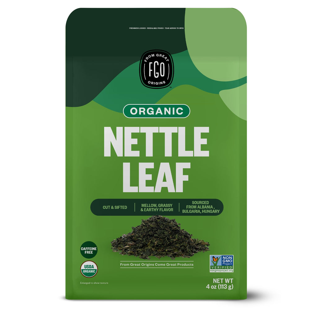 FGO nettle leaf front packaging showing organic seal and 4oz pouch for easy storage