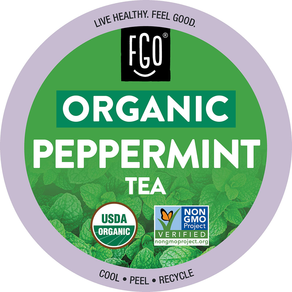 FGO front packaging of peppermint K-Cup pods showing organic label and benefits