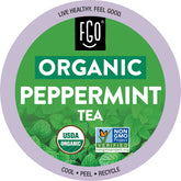 FGO front packaging of peppermint K-Cup pods showing organic label and benefits