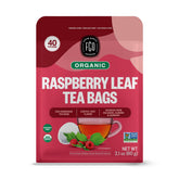 FGO front packaging showing organic red raspberry leaf tea, highlights freshness