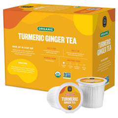 FGO brewed turmeric ginger tea in mug next to box illustrating quick brewing convenience