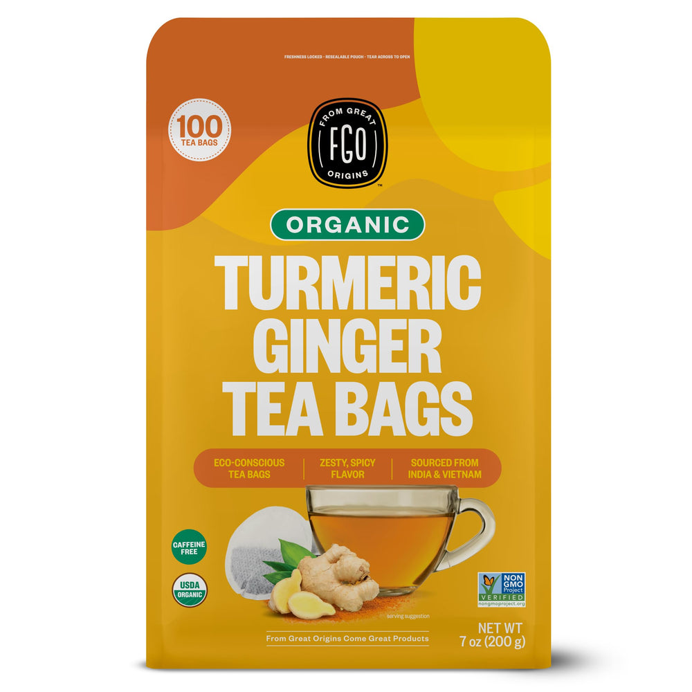 FGO front packaging showing organic turmeric ginger tea benefits