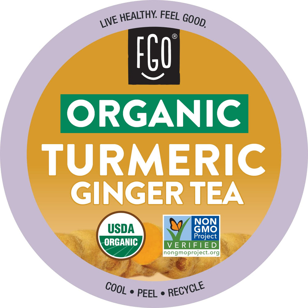 FGO front packaging of organic turmeric ginger K-Cup pods showing 24-count and Keurig compatibility benefit