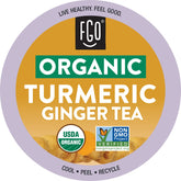 FGO front packaging of organic turmeric ginger K-Cup pods showing 24-count and Keurig compatibility benefit