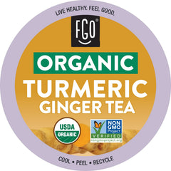 FGO front packaging of organic turmeric ginger K-Cup pods showing 24-count and Keurig compatibility benefit