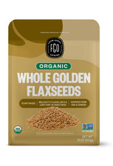 FGO front pouch showing organic whole golden flax seeds and branding for pantry convenience