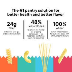 Fiber Gourmet rotini cooked on a plate showing sauce adherence benefit