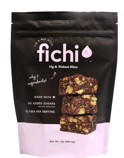 Fichi fig and walnut bites front packaging highlighting no added sugar and vegan benefits