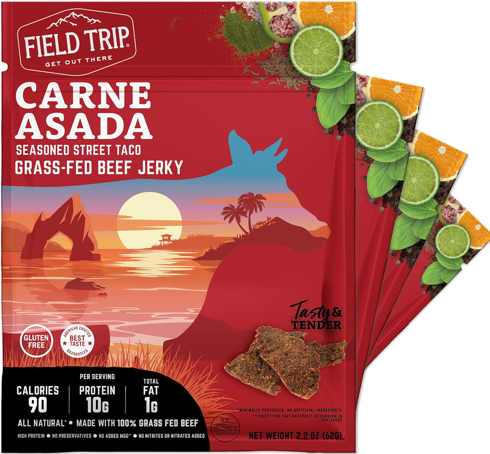 Field Trip front packaging showing carne asada flavor and four-pack convenience
