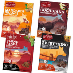 Field Trip variety pack front view showing four flavored beef jerky bags and portability benefit