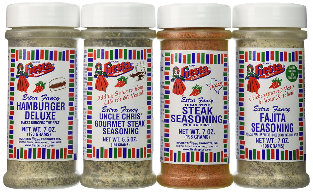 Bolner's Fiesta front packaging showing four seasonings for versatile grilling