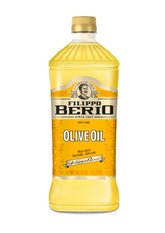 Filippo Berio front view of rPET bottle showing full label and size benefit