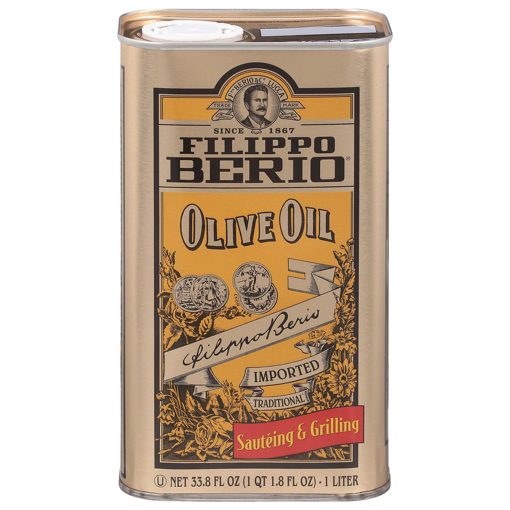 Filippo Berio tin front view showing brand and mild olive oil, convenient for everyday cooking