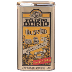 Filippo Berio tin front view showing brand and mild olive oil, convenient for everyday cooking