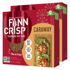 Finn Crisp front of box showing caraway flavor and long-lasting crunch