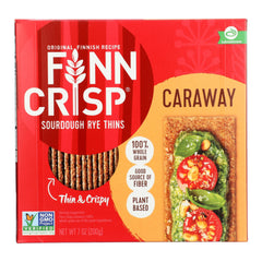 Finn Crisp front packaging showing the caraway sourdough rye thins and brand