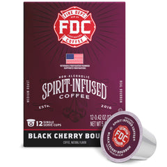 Fire Department Coffee front packaging showing bold cherry-bourbon flavor, highlights premium roast