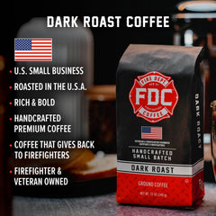 Fire Department Coffee ground close-up displaying rich dark grind and aroma