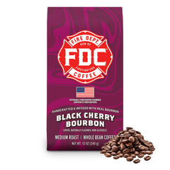 Fire Department Coffee front packaging shows bold label and enticing cherry bourbon aroma