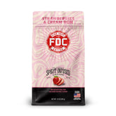 Fire Department Coffee front packaging shows strawberries and cream flavor and brand benefit