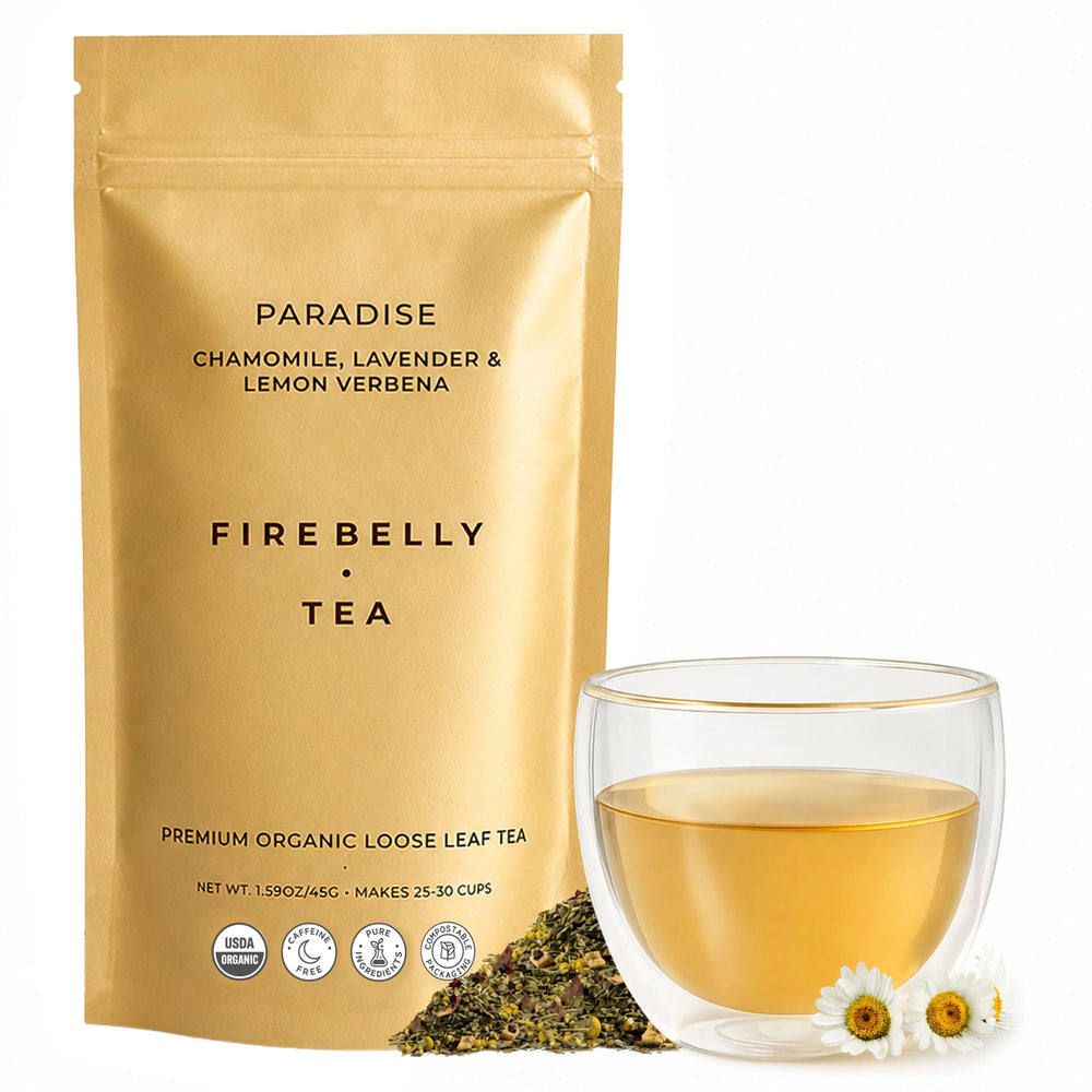 Firebelly Tea front packaging showing blend name and benefit