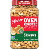 CHEF'S NATURALS front canister showing 24 oz Fisher cashews, ready to snack