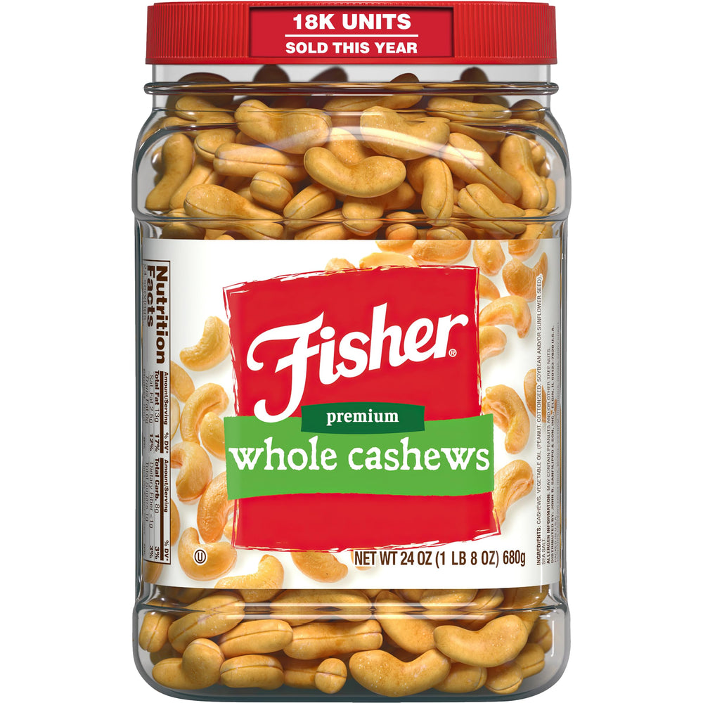 CHEF'S NATURALS front canister showing whole cashews and clear packaging benefit clarity