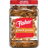 Fisher glazed pecans front canister showing recyclable packaging and visible freshness