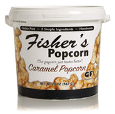 Fisher's Popcorn front packaging showing 20oz tub and brand for gift-ready appeal