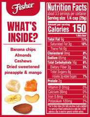 CHEF'S NATURALS close-up of dried pineapple mango banana chips and nuts highlighting texture