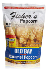 Fisher's Popcorn front packaging showing Old Bay caramel tub and coastal branding for gift appeal