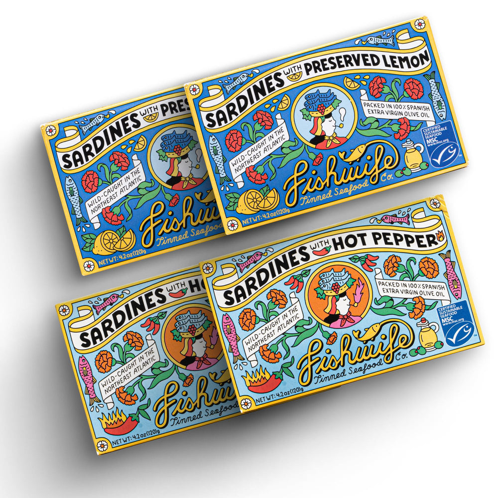 Fishwife front packaging showing four-pack and premium branding, highlights convenience