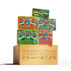 Fishwife front packaging showing five-tin gift set and elegant box, great for gifting