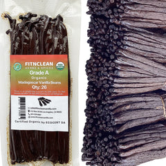 FITNCLEAN front packaging of 26 organic Madagascar vanilla beans showing label and freshness