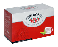 Five Roses front packaging showing 200 tagless teabags and benefits