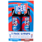 Fizz Creations ICEE front packaging showing both Blue Raspberry and Cherry bottles, bright and ready