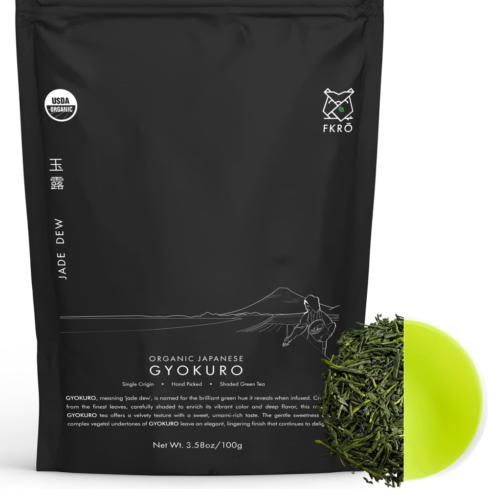 FKRO front pouch showing premium Gyokuro packaging and freshness