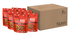 Flackers front packaging showing organic savory flaxseed crackers and bold label benefits