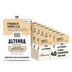 Flavia front packaging of Alterra French Vanilla case showing 40 Freshpacks for convenience