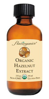 Flavorganics hazelnut extract front label showing organic certification and clear bottle benefit