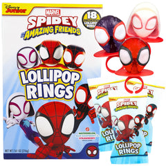 Flix Candy front box showing 18 Spidey lollipop rings and packaging benefit
