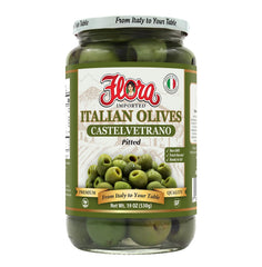 Flora Fine Foods jar front view showing Castelvetrano olives and brand