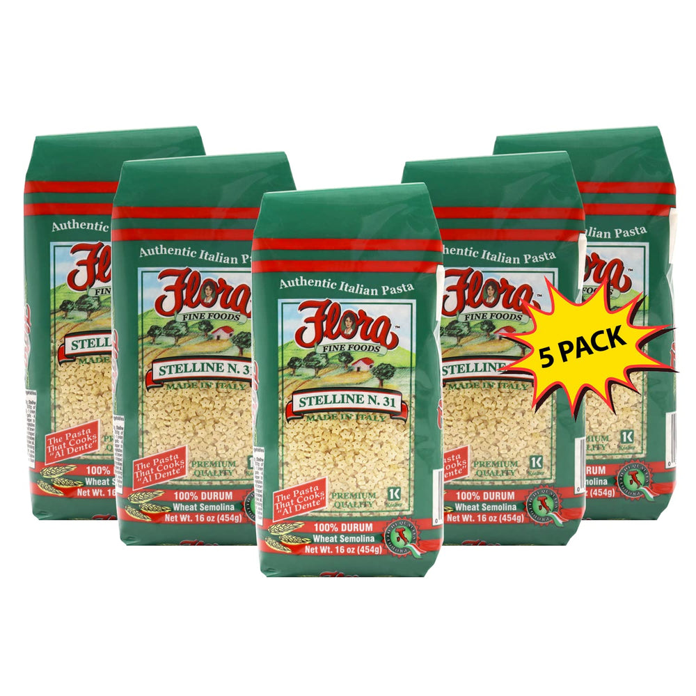 Flora Fine Foods front packaging showing five-pack and product name for pantry storage benefit