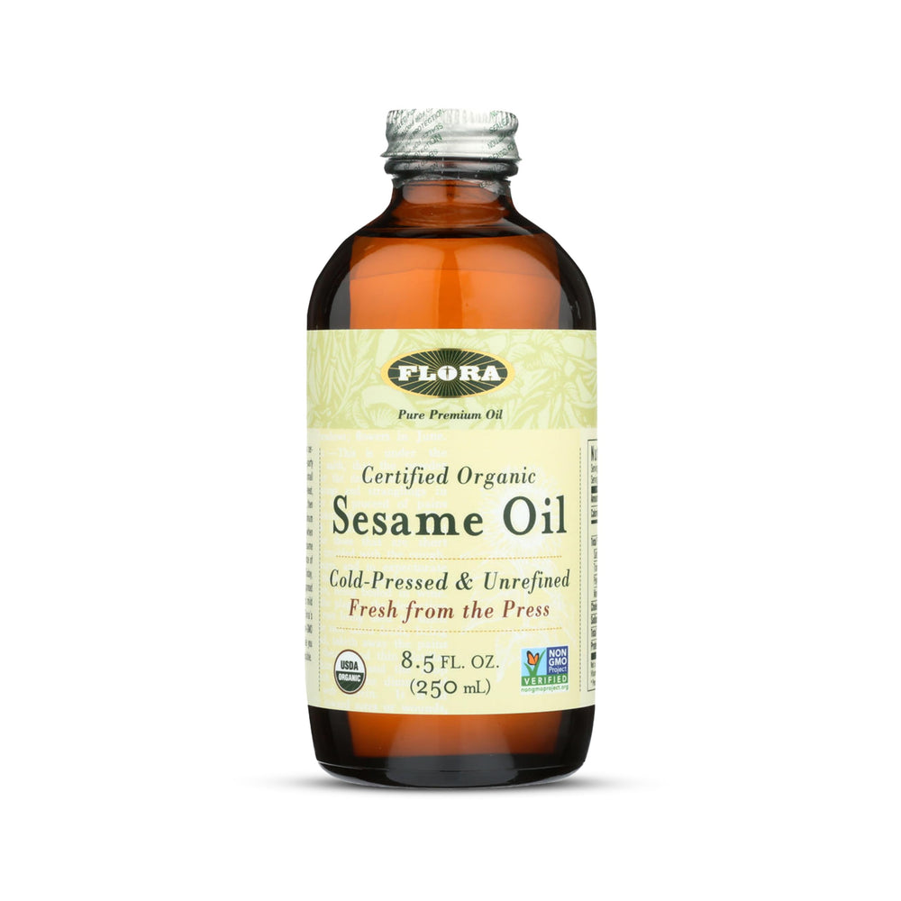 Flora bottle front view showing organic sesame oil and clean design benefit