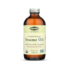 Flora bottle front view showing organic sesame oil and clean design benefit