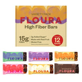 FLOURA front packaging showing six-flavor variety and fiber claim for convenience