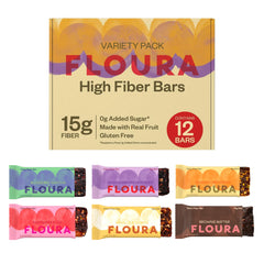 FLOURA front packaging showing six-flavor variety and fiber claim for convenience