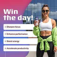 Hand holding a Focus Factor can on a desk conveying on-the-go energy and focus